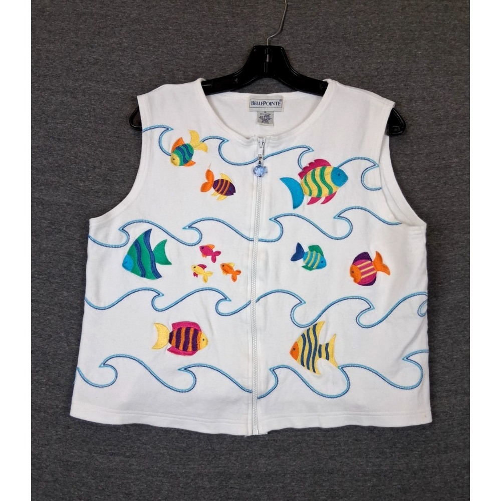 VTG Belle Pointe Womens Sweater M White Fish Embroidered Zip Art Wear Whimsical